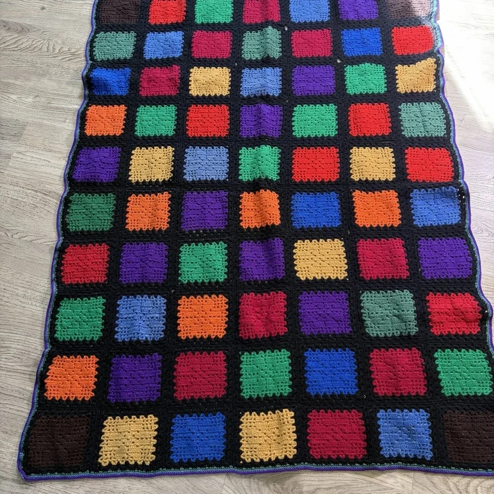 Hand Crochet Granny Square Blanket Afghan Throw‎ Colorful Groovy Cottagecore